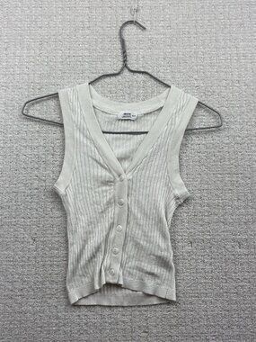 Y2K White Knit Ribbed Button Up Vest Tank Top Wom Sz XS Feminine Romantic Basics